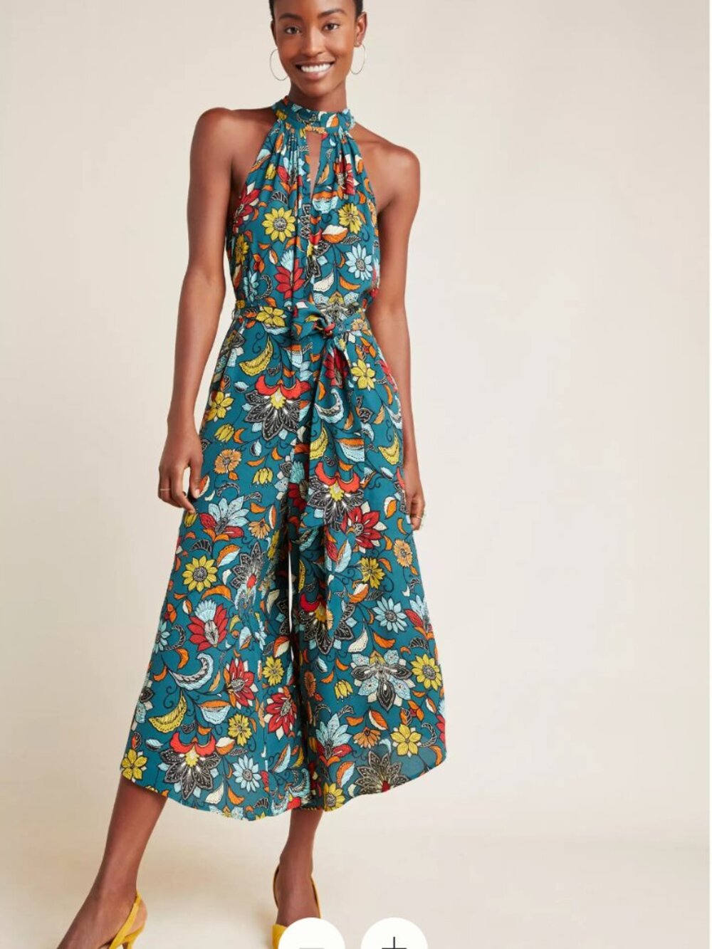 Anthropologie Teal Floral Halter Jumpsuit with Red, Yellow & White Accents